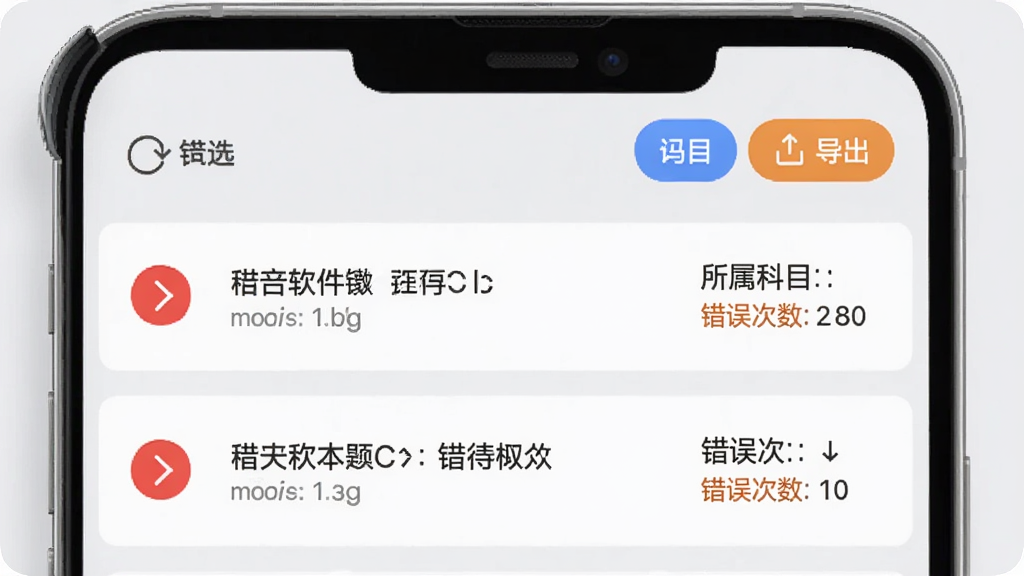 心理学考研软件错题本功能展示,手机屏幕显示错题列表,每条错题左侧有红色标记,右侧显示所属科目和错误次数,顶部有筛选和导出按钮,背景为浅灰色,界面风格简洁高效,图标清晰,画质干净无杂乱元素