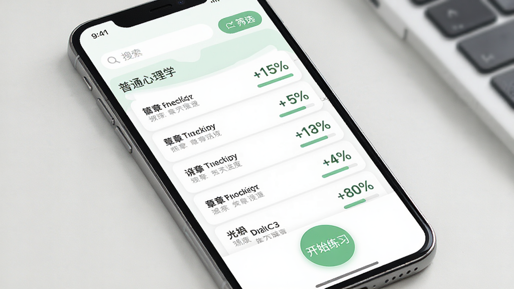 心理学考研APP章节练习界面,手机屏幕展示普通心理学章节列表,每个章节右侧显示完成进度百分比,页面主色调为白色与浅绿色搭配,顶部有搜索框和筛选按钮,底部有开始练习的圆形按钮,风格为现代教育类APP界面,画面干净整洁,画质高清