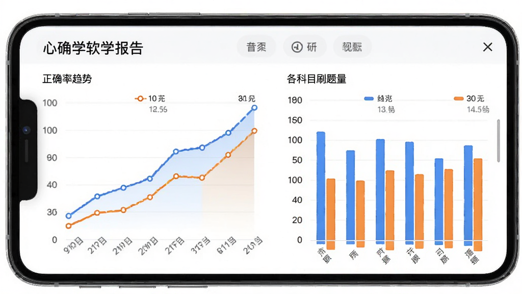 心理学考研软件学习报告数据看板,手机屏幕展示折线图和柱状图,分别表示正确率趋势和各科目刷题量,图表颜色为蓝色和橙色,背景白色,界面简洁专业,数据清晰可读,画质干净