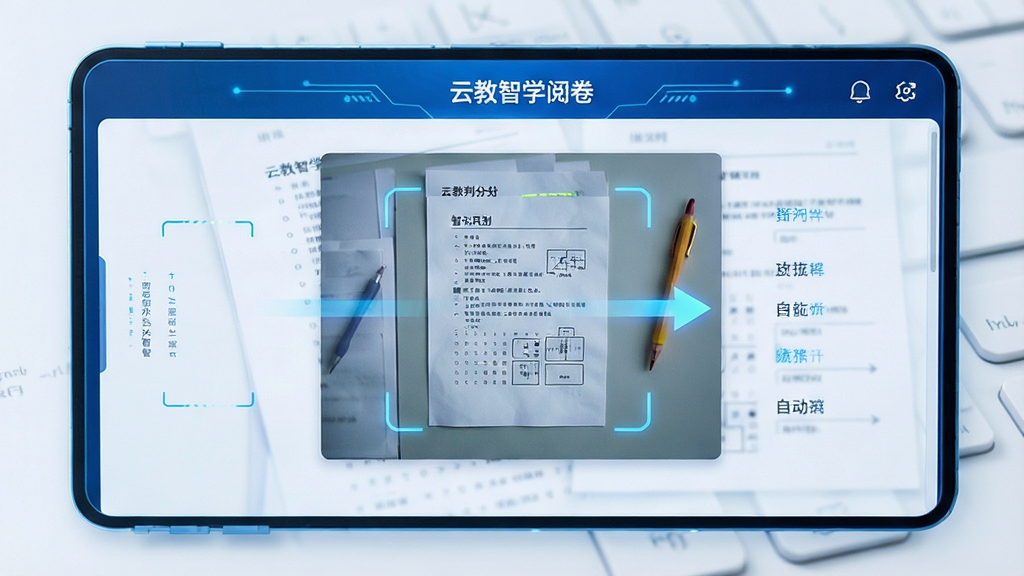 云教智学阅卷 智能识别答题卡 手机摄像头拍摄试卷 自动判分界面 科技感光效 蓝色调 清晰展示识别过程 干净背景 画质锐利
