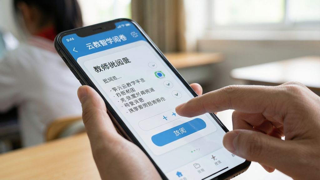 云教智学阅卷 教师手机操作 批阅试卷特写 手指点击打分 界面清晰 教育场景 柔和自然光 画质干净无杂乱