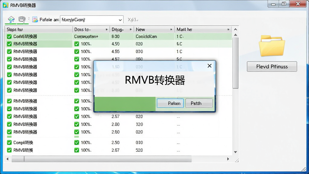 一张展示RMVB转换器在Windows电脑上完成批量转换后弹出成功提示的图片,画面中软件界面显示任务列表全部为绿色完成状态,右侧有输出文件夹按钮,屏幕上带有“RMVB转换器”字样,整体风格简洁明快,画质清晰,无多余元素