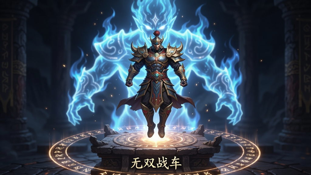 一位身穿华丽战甲的战士悬浮在神秘祭坛上方,身后浮现出巨大的元神虚影,虚影呈现半透明蓝色火焰状,祭坛四周环绕着符文光阵,画面采用竖版构图,主体为战士与元神虚影,风格为东方玄幻,细节突出光效与符文纹理,画质清晰,干净,无多余元素,图中带有文字“无双战车”