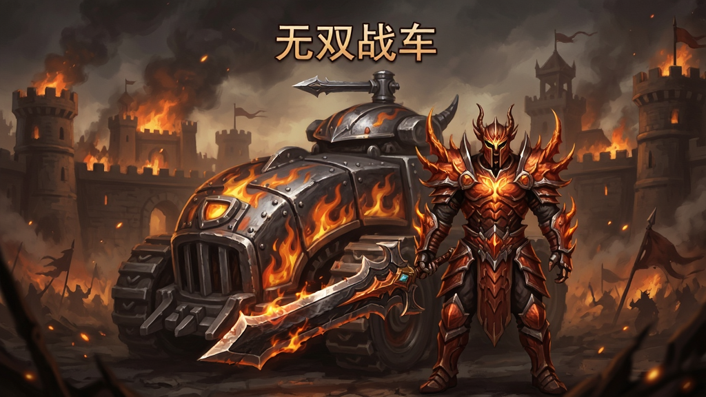 画面中央是一辆布满火焰纹路的钢铁战车,战车前方站着一位身穿火龙铠甲、手持巨剑的战士,背景是燃烧的沙巴克城池与漫天烟尘,整体采用暗黑奇幻风格,画面布局为竖版手机屏幕比例,主体突出战车与战士,细节刻画金属质感与火焰粒子效果,画质清晰,干净,无多余元素,图中带有文字“无双战车”