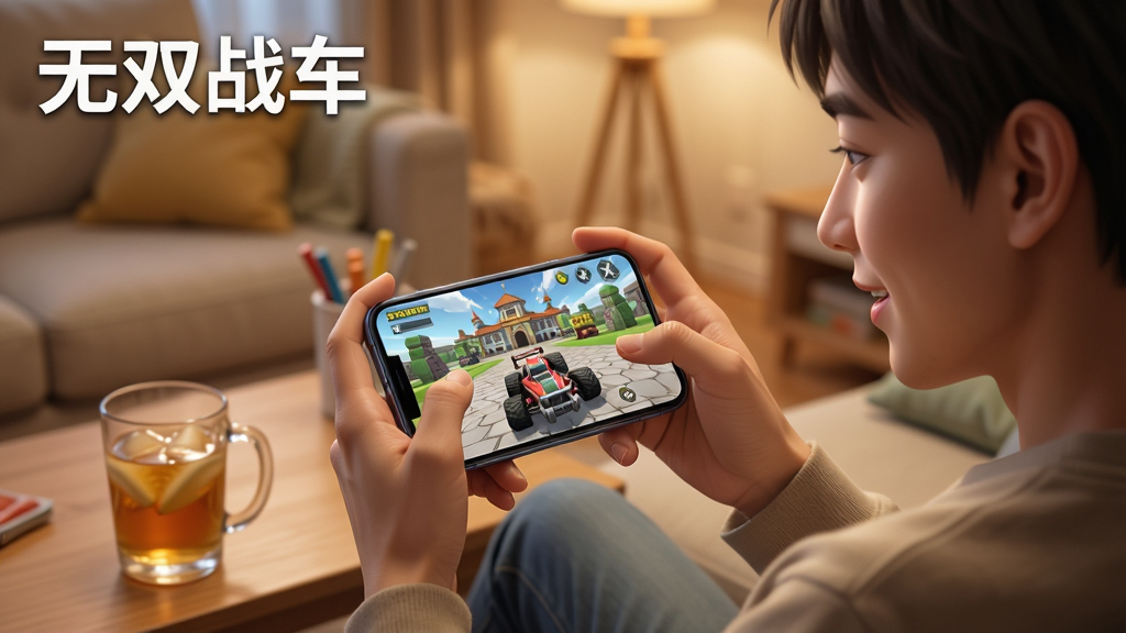 一位玩家正拿着手机在沙发上玩无双战车,手机屏幕显示游戏主城界面,旁边放着一杯饮料,画面采用温馨室内场景风格,主体为玩家与手机,细节突出手机屏幕中的游戏画面与人物表情,画质清晰,干净,无多余元素,图中带有文字“无双战车”