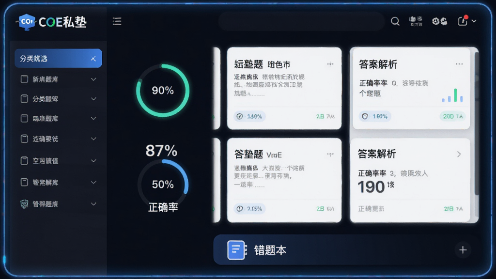 画面主体为一个发光的电子题库界面,界面上有“COE私塾”标志,左侧是分类筛选栏,右侧是题目卡片和答案解析区域,底部有错题本图标,布局采用左右分栏排版,风格为现代UI设计展示图,细节包括进度环和正确率百分比,画质高清干净无多余元素