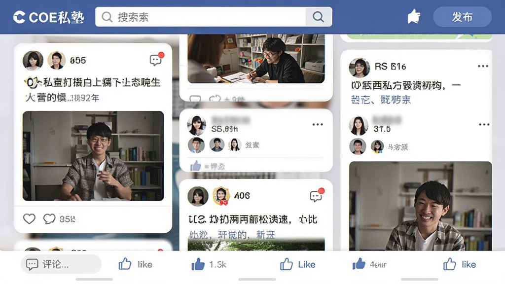 画面展示“COE私塾”社区互动界面,有多个用户头像和帖子卡片,帖子内容包含文字和图片,底部有评论和点赞按钮,顶部有搜索栏和发布按钮,布局采用瀑布流排版,风格为社交应用界面风格,细节包括消息红点和等级徽章,画质清晰干净无多余元素