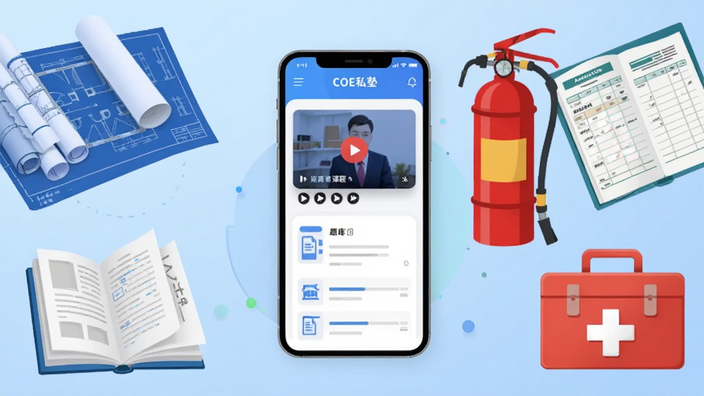 画面中央放置一部智能手机,手机屏幕上显示“COE私塾”应用界面,界面中有视频课程卡片和题库列表,手机周围环绕着建筑图纸、消防器材、会计账本、医药箱等学习相关元素,背景为浅蓝色渐变,布局采用中心对称构图,风格为扁平化科技插画,细节包括书籍翻页效果和进度条,画质清晰干净无多余元素