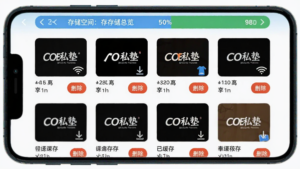 画面展示手机屏幕中“COE私塾”视频课程缓存管理界面,有多个课程封面缩略图排列,每个封面下方显示已缓存大小和删除按钮,顶部有存储空间总览条,布局为纵向列表式排版,风格为移动端应用截图风格,细节包括WiFi图标和下载箭头,画质清晰干净无多余元素