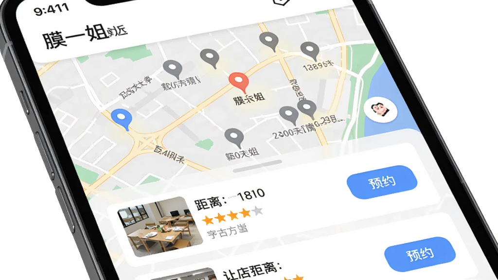 主体是手机屏幕显示“膜一姐”附近门店地图界面,地图上有多个定位标记点,画面下方是门店列表卡片,布局为上方地图、下方列表的经典O2O界面,排版清晰规整,风格为现代移动应用UI风格,细节包括地图上的道路名称、门店评分星级、距离数值、预约按钮,画质为高清屏幕截图风格,干净整洁,无多余元素