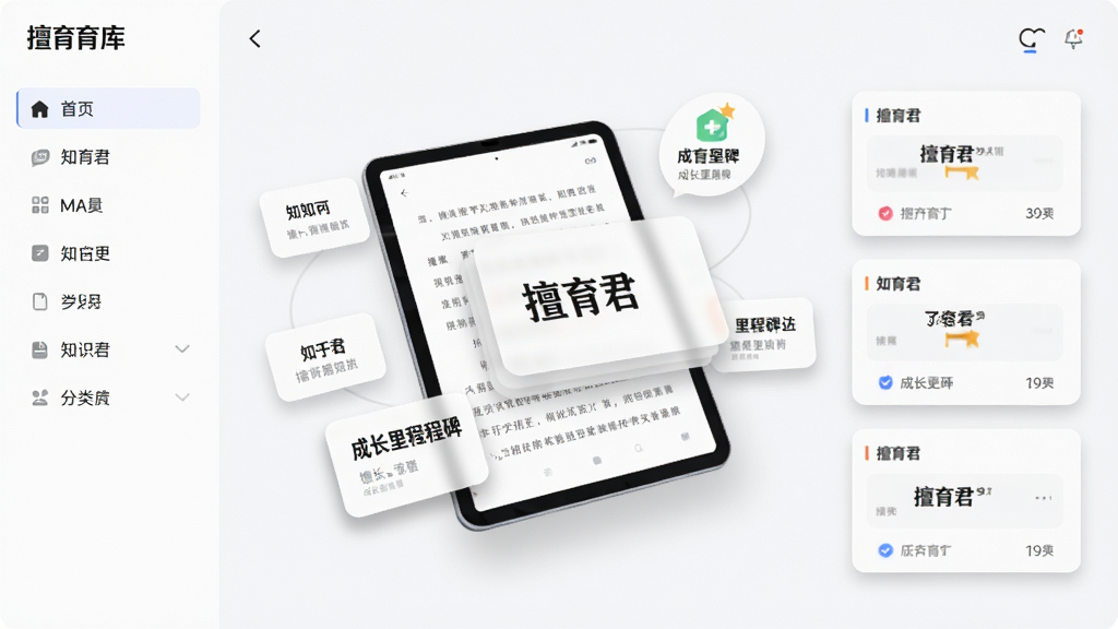 擅育君知识库界面展示,画面主体为悬浮的电子书页与知识卡片,卡片上标注“擅育君”字样,周围环绕月份标签与成长里程碑图标,布局采用左右分栏,左侧为分类导航,右侧为内容卡片,风格简约现代,细节上卡片边缘有柔和阴影,画质清晰干净,无多余元素