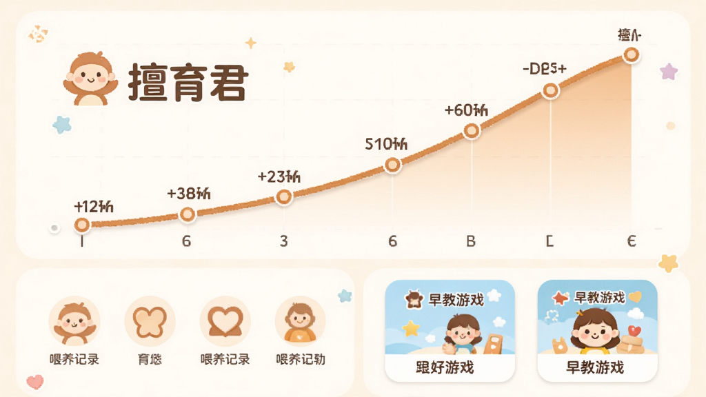 擅育君成长记录页面展示,画面中央为一条上升的成长曲线图,曲线旁标注“擅育君”品牌标识,下方排列喂养记录图标与早教游戏卡片,布局采用上下结构,上方为图表区,下方为功能入口,风格温和亲切,细节上曲线带有数据点标记,画质清晰干净,无多余元素