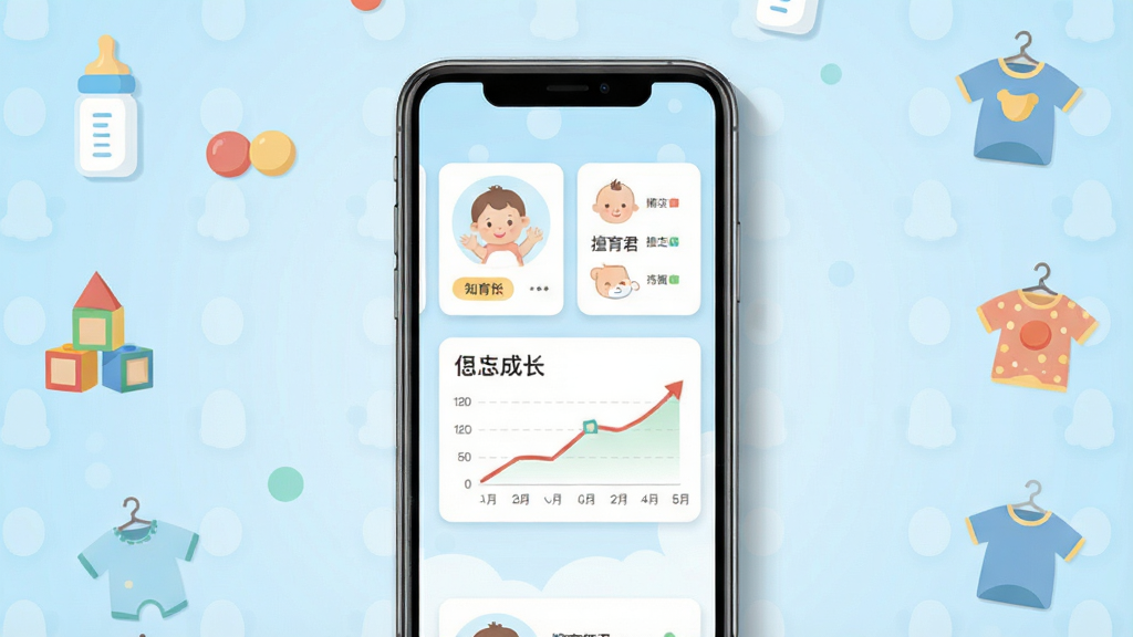 擅育君应用主界面展示,画面中央放置一部智能手机,屏幕内呈现育儿知识卡片与宝宝成长曲线图,背景为柔和的浅蓝色渐变,周围点缀奶瓶、积木、小衣服等育儿元素图标,整体布局采用居中构图,风格清新扁平化,细节上手机边缘有轻微投影,画质清晰干净,无多余装饰元素
