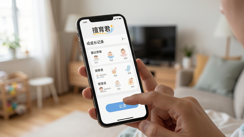 擅育君移动端操作界面展示,画面中一只手拿着手机,屏幕显示宝宝成长记录页面,页面顶部有“擅育君”文字标识,背景为居家环境虚化处理,布局聚焦手机屏幕,风格真实生活化,细节上手指点击记录按钮,画质清晰干净,无多余元素
