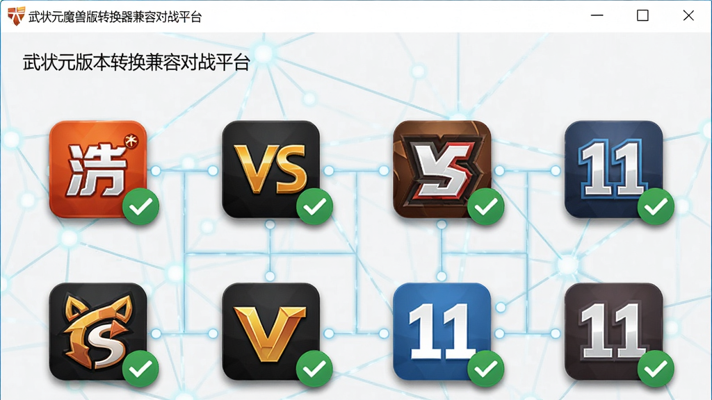 一张展示武状元魔兽版本转换器兼容对战平台的图片,画面中软件界面显示多个对战平台图标,如“浩方”“VS”“11平台”,每个图标旁有绿色对勾标记,背景为网络连接线条,布局为网格状,风格为扁平化设计,细节包括图标阴影和连接线,画质高清,干净,无多余元素