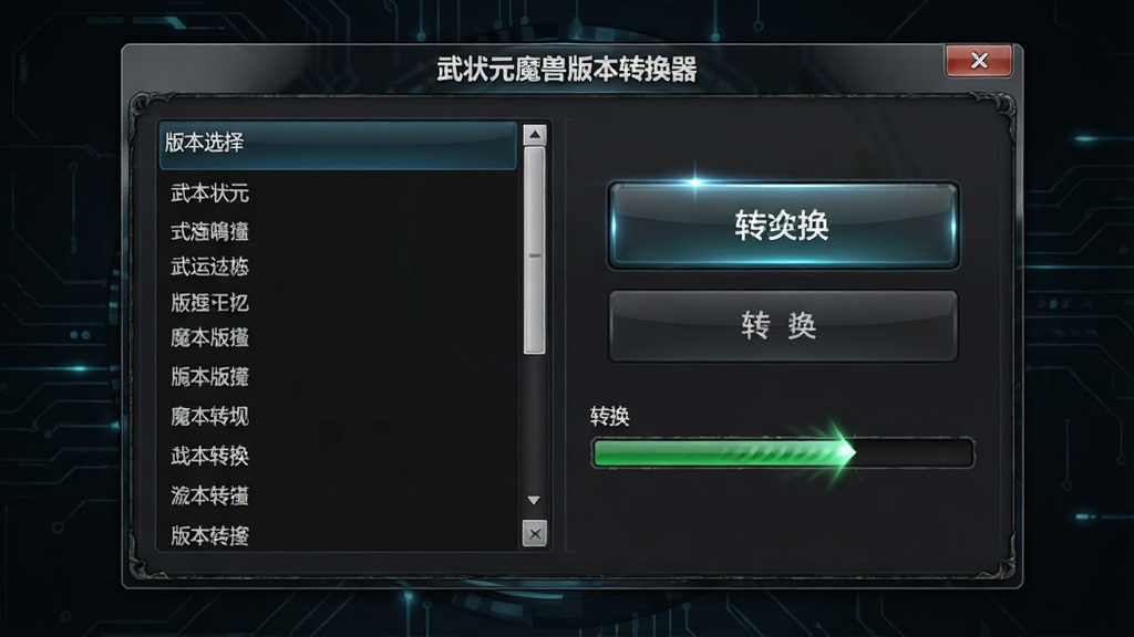 一张展示武状元魔兽版本转换器软件界面的图片,画面中央是软件主窗口,窗口标题写着“武状元魔兽版本转换器”,界面左侧为版本选择列表,右侧为转换按钮和进度条,背景为深色科技风格,整体布局清晰,排版整洁,风格为写实软件截图风,细节包括按钮高光、进度条动画效果,画质高清,干净,无多余元素