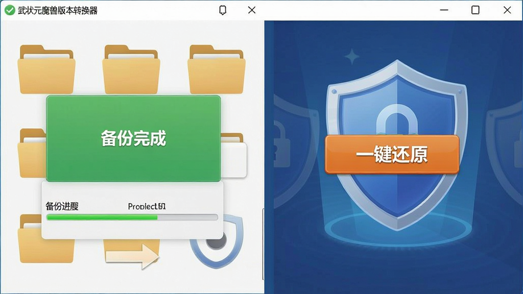一张展示武状元魔兽版本转换器备份与还原功能的图片,画面中软件界面显示“备份完成”提示框和“一键还原”按钮,背景为文件夹图标和盾牌安全符号,布局为左右分栏,风格为简洁安全风格,细节包括备份进度条和还原箭头,画质高清,干净,无多余元素