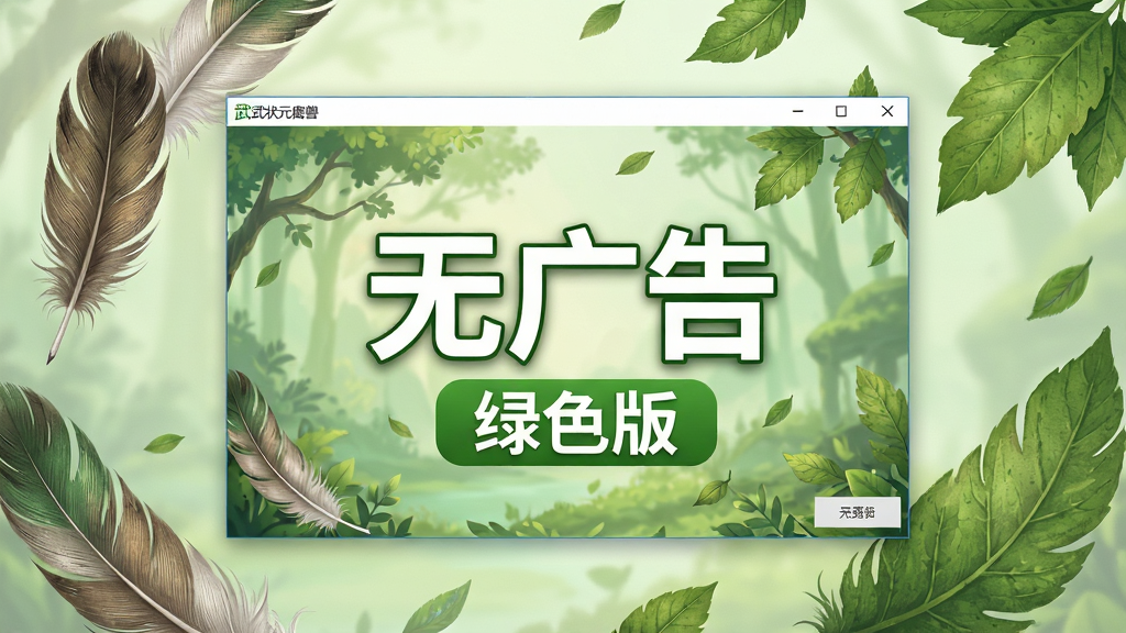 一张展示武状元魔兽版本转换器轻量无广告特点的图片,画面中软件界面显示“无广告”“绿色版”标签,背景为羽毛和树叶元素,布局为居中展示,风格为清新自然风,细节包括羽毛纹理和绿色色调,画质高清,干净,无多余元素