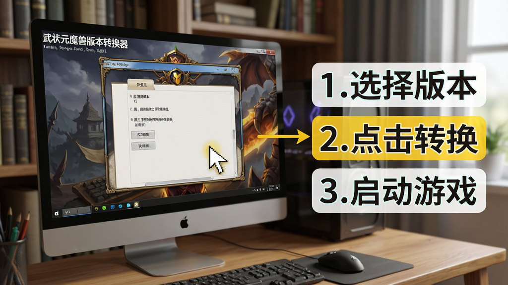 一张展示武状元魔兽版本转换器使用步骤的图片,画面中电脑屏幕上显示软件操作界面,旁边有步骤提示文字“1.选择版本 2.点击转换 3.启动游戏”,背景为书房环境,布局为斜视角截图,风格为教程图解,细节包括鼠标指针和步骤高亮,画质高清,干净,无多余元素