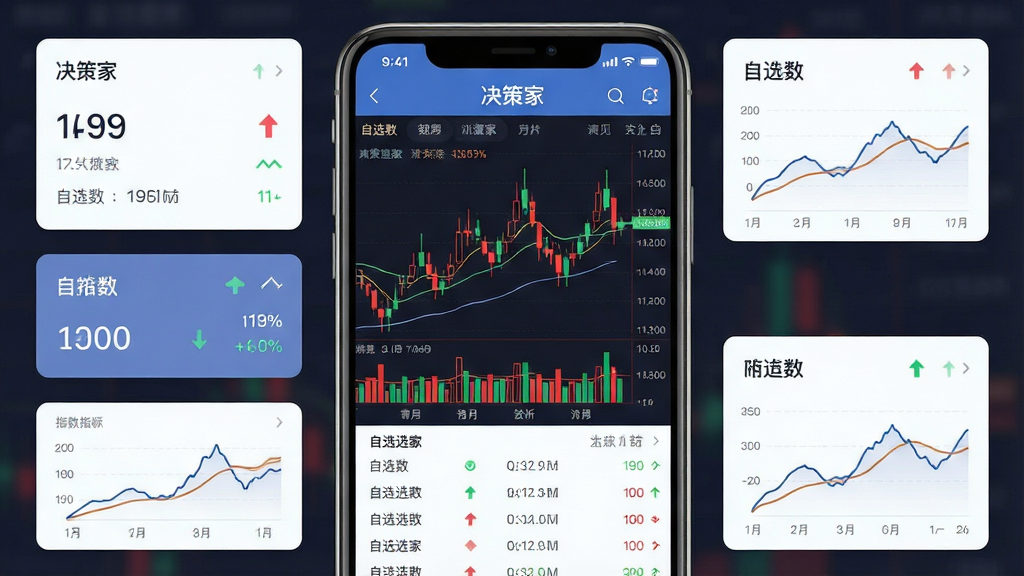 一张手机屏幕展示股票行情分析软件的界面,画面中央是