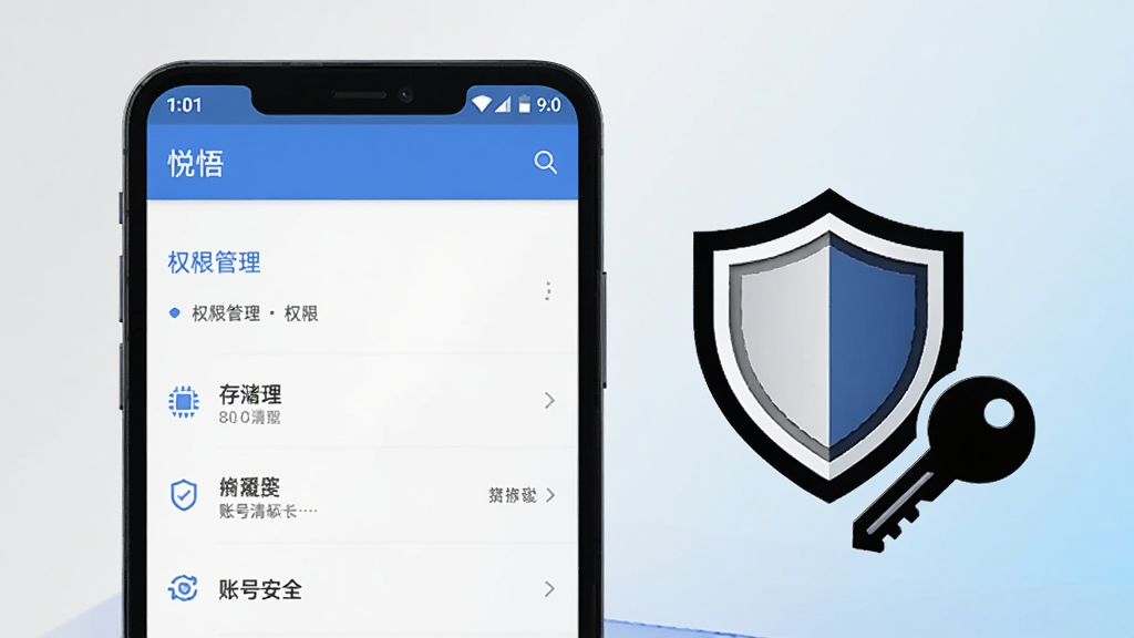 一部安卓手机屏幕显示“悦悟”APP的设置页面,页面中包含权限管理、存储清理、账号安全等选项,手机旁边放置一个盾牌图标和一把钥匙图标,背景为浅灰色与淡蓝色渐变,风格简洁商务,画质清晰干净,无杂乱元素