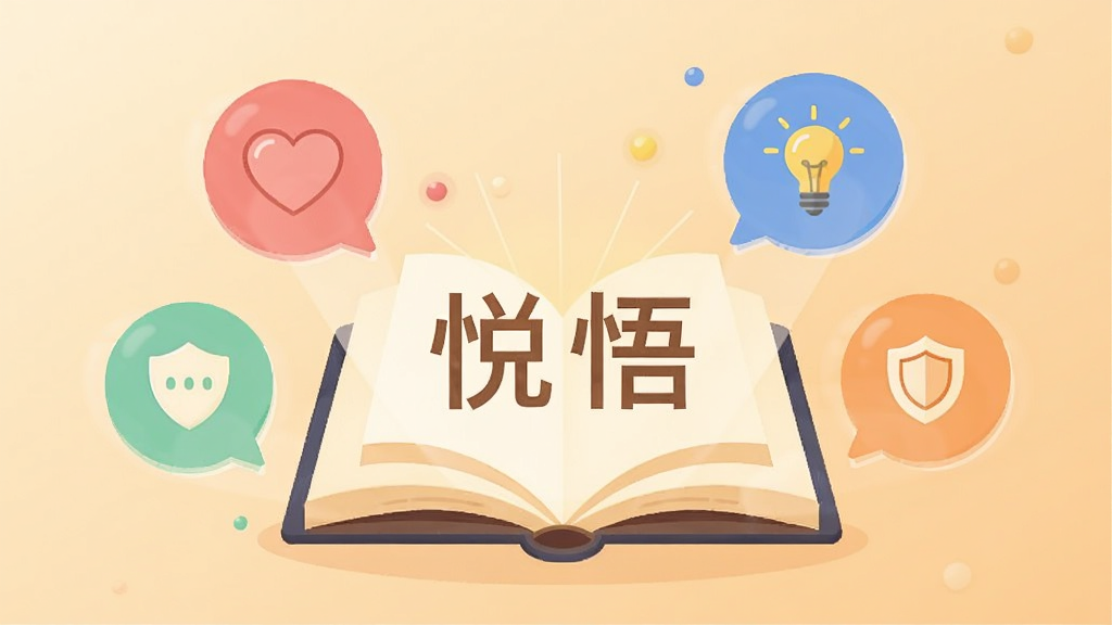 画面中央是一本打开的发光书籍,书页上浮动“悦悟”字样,书籍周围环绕着代表不同知识领域的彩色气泡心形代表情绪、对话气泡代表关系、灯泡代表认知、盾牌代表压力应对,背景为温暖的米黄色与淡橙色渐变,风格扁平化插画,画质干净清晰,无多余元素