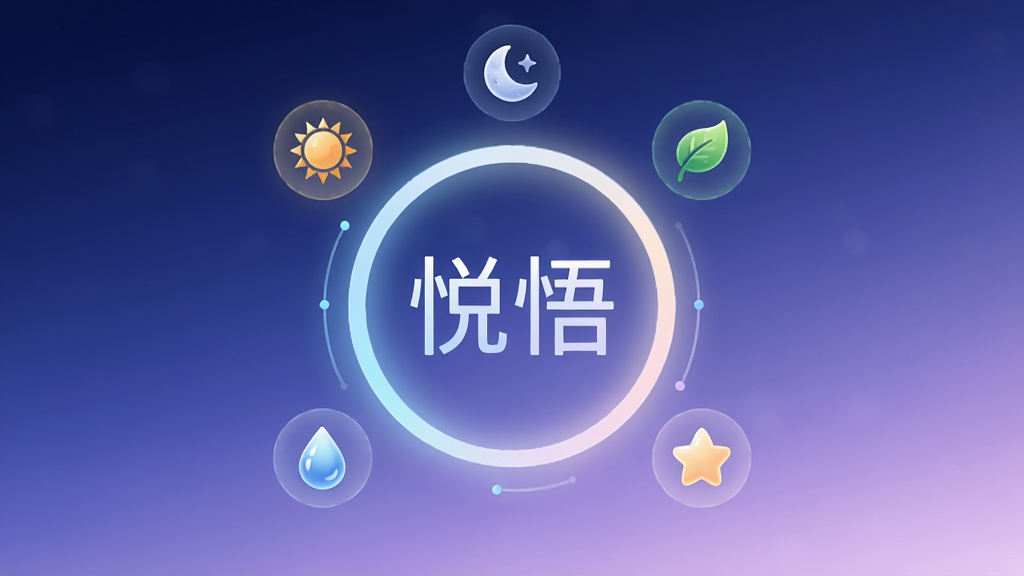 一张以“悦悟”APP为主题的AI生图,画面中央是一个圆形的呼吸引导光圈,光圈内部显示“悦悟”二字,光圈周围环绕着代表不同冥想场景的小图标太阳、月亮、树叶、水滴、星星,背景为深蓝到浅紫的渐变色,整体风格宁静、空灵、具有科技感与治愈感,画质高清,画面干净无杂物