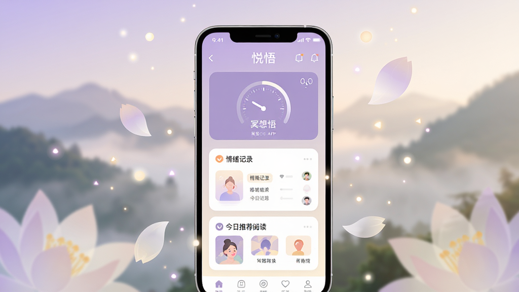 整体画面以柔和的淡紫色与米白色渐变为主调,中央放置一部智能手机,手机屏幕中展示“悦悟”APP的首页界面,界面包含冥想计时器、情绪记录卡片与今日推荐阅读三个模块,手机四周环绕着柔光粒子与半透明的莲花花瓣图形,背景为虚化的自然山间晨雾景象,风格温暖治愈、扁平化插画质感,画质细腻干净,无多余杂乱元素