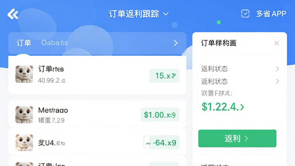 多省严选APP订单返利跟踪页面,展示订单列表和返利状态,界面清晰,配色舒适,画质干净