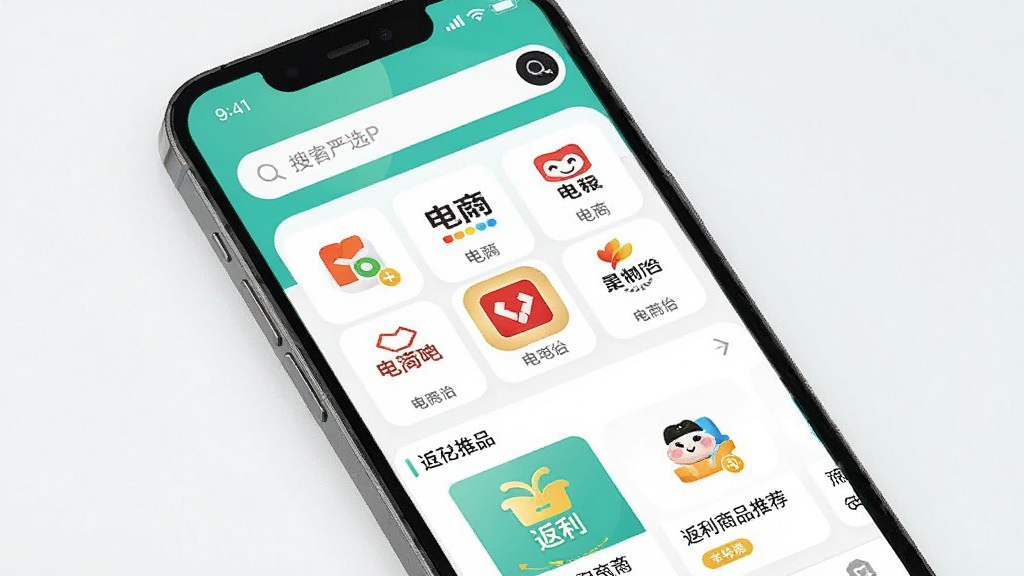 一张手机屏幕展示多省严选APP首页,界面顶部为搜索框,中部为各大电商平台入口图标,底部为返利商品推荐列表,整体配色清新,风格简洁现代,画质清晰干净,无多余元素