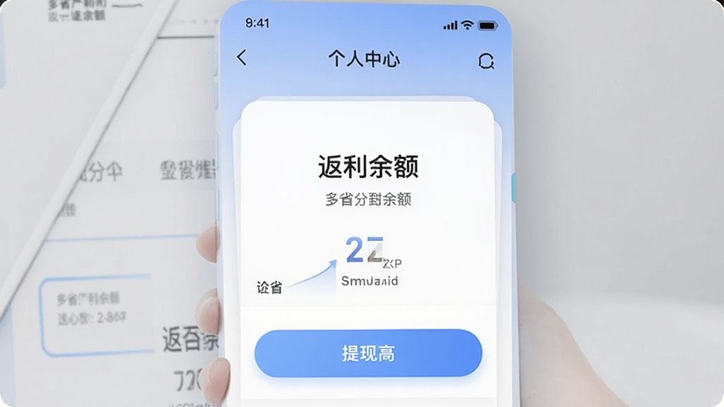 多省严选APP个人中心页面,展示返利余额和提现按钮,界面简洁,配色柔和,画质清晰干净