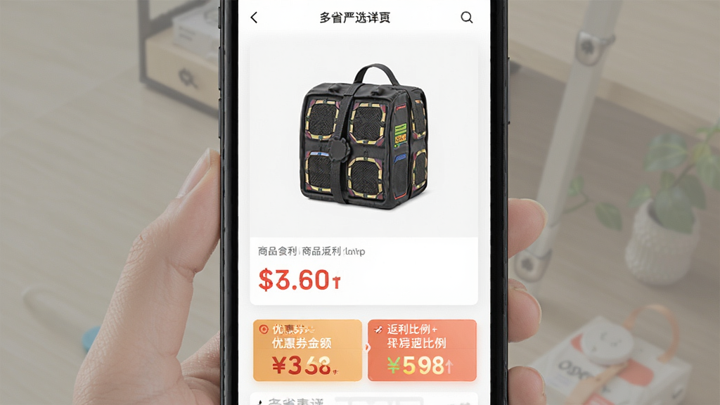 多省严选APP界面展示商品返利详情页,画面中央显示商品图片和价格,下方列出优惠券金额和返利比例,界面风格清爽,画质干净无多余元素