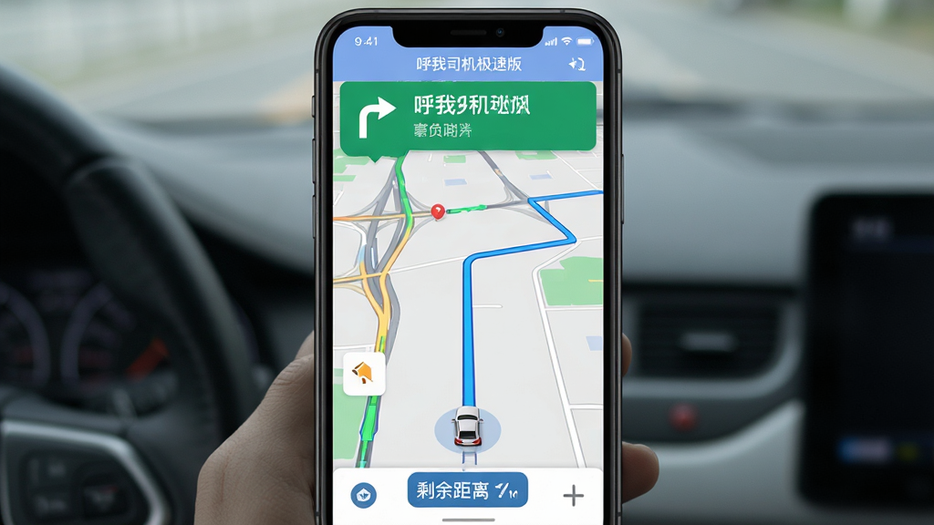 手机屏幕显示“呼我司机极速版”的导航界面,地图上有蓝色路线和车辆图标,顶部有转向提示,布局为全屏地图,风格现代简约,细节包括路况颜色、剩余距离,画质清晰,干净,无多余元素