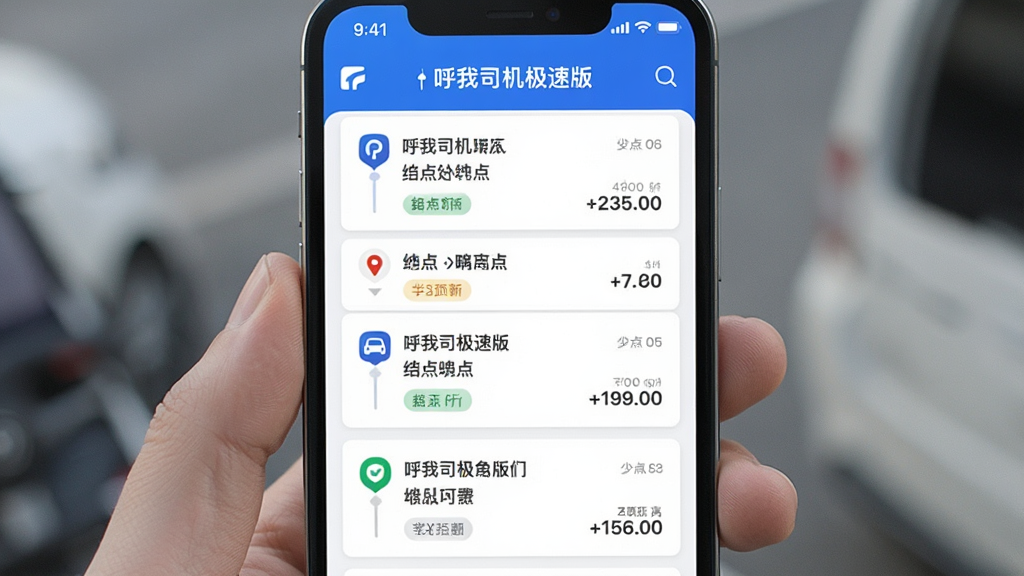 手机屏幕展示“呼我司机极速版”的订单聚合列表界面,多条订单卡片纵向排列,每条卡片上有起点终点和金额信息,布局为竖版列表,风格简洁商务,细节包括平台标识、距离标签,画质清晰,干净,无多余元素