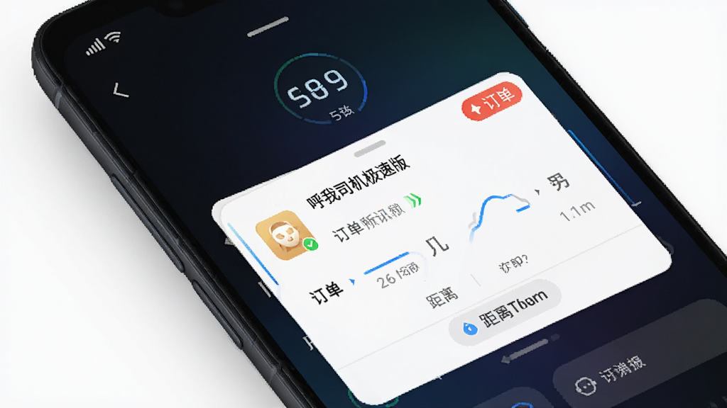 一部安卓手机屏幕特写,显示“呼我司机极速版”的听单界面,画面中有订单弹窗和距离提示,背景为简洁的深色渐变,布局居中,风格科技感,细节包括信号图标、订单数量角标,画质清晰,干净,无多余元素