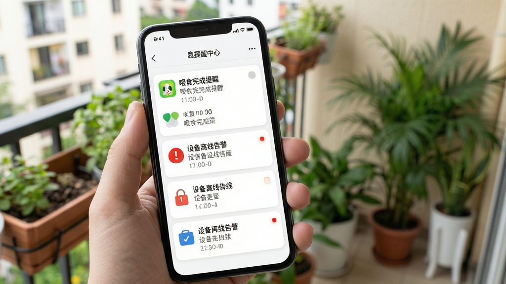 多尼斯App消息提醒中心界面,主体是手机屏幕显示通知列表页面、包含喂食完成提醒与设备离线告警,布局为手机握持在手中、背景是阳台与绿植,排版突出通知卡片与红色告警标识,风格为清爽卡片式UI风格,细节包括通知图标多样、时间戳清晰、未读消息有红点标记,画质高清干净无多余元素
