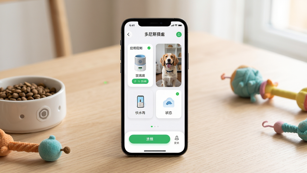 多尼斯宠物智能App界面展示,主体是一部智能手机屏幕显示多尼斯App主控制面板,屏幕上呈现智能喂食器控制卡片、宠物摄像头实时画面、饮水机状态图标,布局为手机居中放置于浅色木纹桌面上,周围点缀猫粮碗、宠物玩具等小物件,排版简洁清爽,风格为现代科技感与温馨宠物主题融合,细节包括App界面按钮清晰可见、设备状态指示灯绿色亮起、背景有柔和自然光,画质高清干净无多余元素