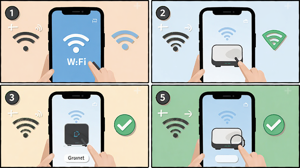 多尼斯App新手使用教程示意图,主体是手机屏幕分步展示配网流程,布局为四格漫画式排版、每格显示一个操作步骤,风格为扁平化插画教程风格,细节包括步骤编号、WiFi图标、设备图标、勾选标记,画质高清干净无多余元素