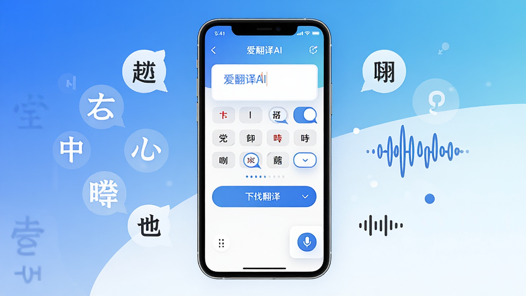 一张展示爱翻译AI软件主界面的图片,画面中央是手机屏幕,屏幕内显示爱翻译AI的翻译输入框和多种语言切换按钮,背景是简洁的蓝白渐变风格,周围环绕着中英日韩文字符号和语音波形图标,布局清晰,排版居中,风格现代科技感,细节包括翻译按钮、语言下拉菜单和麦克风图标,画质高清,干净,无多余元素