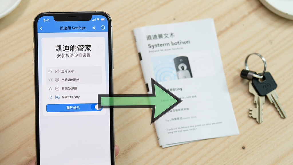 画面主体为手机屏幕显示凯迪仕管家安装权限设置页面,旁边有箭头指向系统设置中的蓝牙开关;背景为浅色桌面,放着说明书和门锁钥匙;布局采用左右分栏构图;风格为教程图解风,色彩明快;细节包括屏幕内文字清晰、箭头指示明确、桌面整洁;画质高清,干净无多余元素。