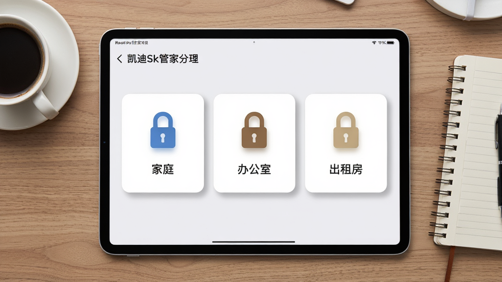 画面主体为平板电脑横屏展示凯迪仕管家多设备分组管理界面,屏幕内有三组门锁图标分别标注家庭、办公室、出租房;背景为书房桌面,旁边放着咖啡杯和笔记本;布局采用俯视平铺构图;风格为商务简约风,浅灰白主色调;细节包括屏幕内分组卡片圆角设计、图标阴影柔和、桌面木纹清晰;画质超清,干净无多余元素。