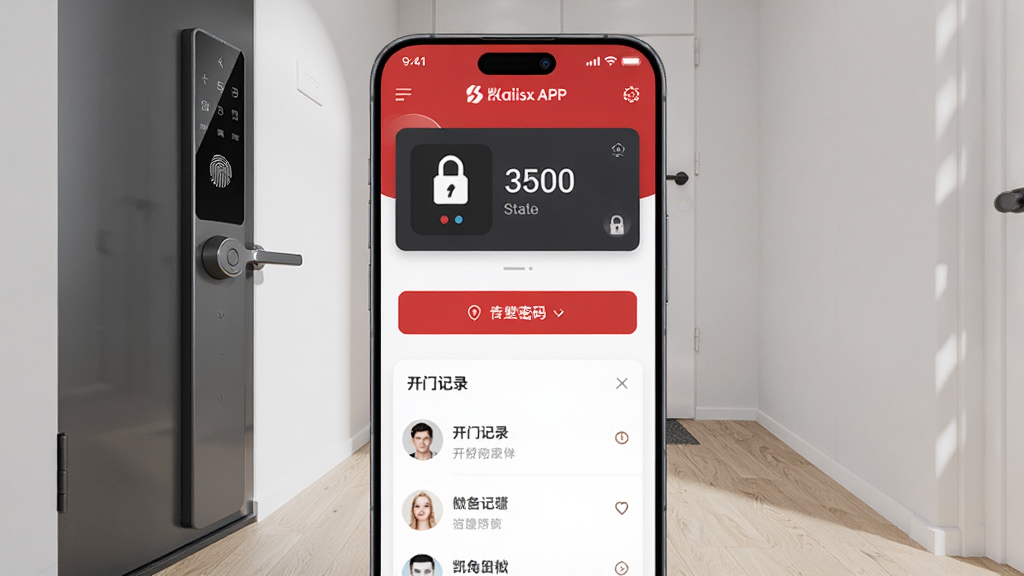 画面主体为一部竖屏智能手机居中放置,屏幕内展示凯迪仕管家APP首页界面,包含门锁状态卡片、临时密码按钮和开门记录列表;背景为现代简约家居玄关场景,左侧有一扇深灰色智能门锁;布局采用居中对称构图,手机占画面主体三分之二;风格为写实科技风,光线柔和明亮;细节包括锁体指纹识别区高光、手机屏幕UI文字清晰可辨、地面有浅色木纹;画质4K超清,干净无多余元素。