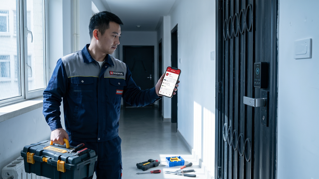 画面主体为一位身穿工装的男性工程师站在防盗门前,左手持工具箱,右手持手机查看凯迪仕管家工单详情页;背景为居民楼走廊,光线从窗户斜射进来;布局采用三分法构图,人物位于画面左侧;风格为职业纪实风,色调偏冷;细节包括工装上的品牌标识、手机屏幕工单卡片、门锁安装工具散落地面;画质清晰,干净无多余元素。