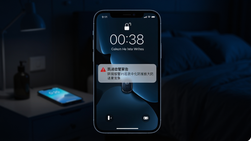 画面主体为手机锁屏界面弹出凯迪仕管家告警通知卡片,卡片标题为防撬报警,背景为深色夜间卧室,床头柜上手机屏幕发光;布局采用特写构图,手机占画面中心;风格为暗调科技风,蓝黑色调;细节包括通知卡片红色警示图标、锁屏时间显示、背景虚化;画质高清,干净无多余元素。