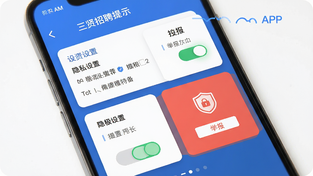 三贤招聘APP安全使用提示插图,画面为手机屏幕显示隐私设置与举报入口界面,布局采用卡片式排列,风格简洁明快,细节包含开关按钮和盾牌安全图标,画质清晰,画面干净无多余装饰