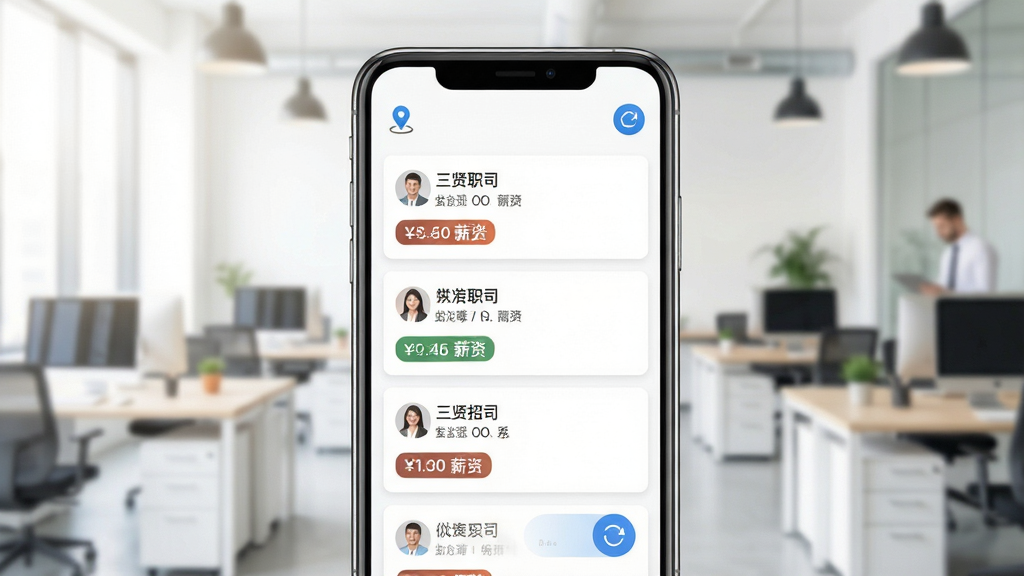 三贤招聘APP岗位推荐页面示意图,画面中心为手机屏幕显示附近职位卡片列表,每张卡片包含公司名称与薪资标签,背景为明亮的办公场景虚化,布局采用上下滚动式排版,风格清新商务,细节有定位图标和刷新按钮,画质清晰,干净无杂物