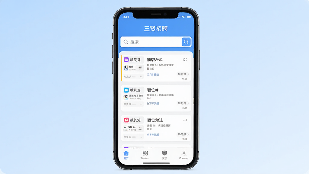 三贤招聘软件主界面展示,画面中央是一部智能手机,屏幕内显示三贤招聘APP的岗位列表与搜索框,背景为干净的浅蓝色渐变,布局简洁清晰,风格现代扁平化,细节包括底部导航栏和职位卡片,画质高清,画面干净,无多余元素