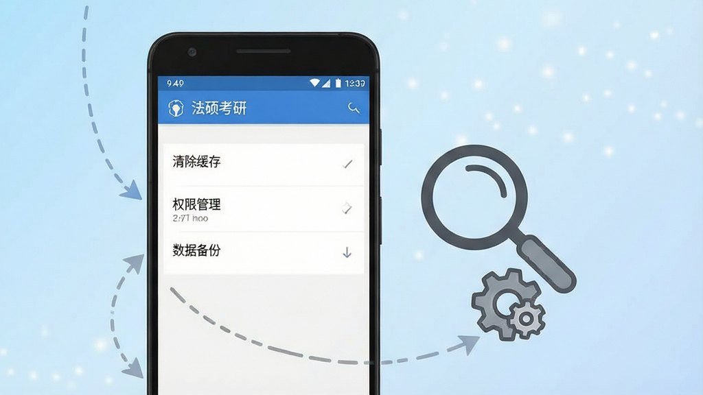一张手机应用问题排查示意图,画面中一部安卓手机显示“法硕考研”APP的设置界面,界面中有“清除缓存”“权限管理”“数据备份”等选项。手机旁边有一个放大镜图标和一个齿轮图标,象征问题排查与优化。背景为浅蓝色渐变,风格简洁明快,画质干净,无多余元素。