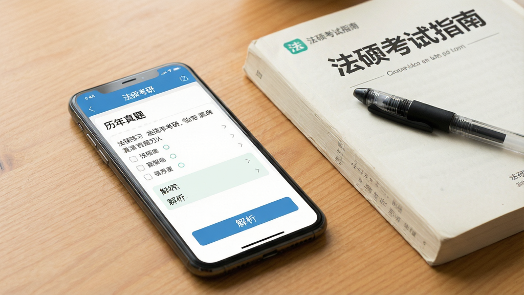 一张学习场景图,画面中一部智能手机平放在木质书桌上,手机屏幕显示“法硕考研”APP的真题练习界面,界面上有题目、选项和解析按钮,屏幕上方有“历年真题”字样。手机旁边放着一本翻开的法硕考试指南和一支黑色签字笔。背景为温暖的木质桌面,光线柔和,风格写实清新,画质干净清晰,无多余元素。