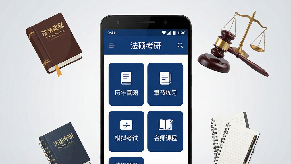 一张手机应用界面展示图,画面中央是一部安卓手机,手机屏幕上显示“法硕考研”APP的主页界面,主页上有“历年真题”“章节练习”“模拟考试”“名师课程”等模块入口,界面配色以深蓝和白色为主,简洁专业。手机周围漂浮着法律书籍、法槌、天平、笔记本等学习元素。背景为浅灰色渐变,整体风格清新商务,细节清晰,画质干净,无多余元素。
